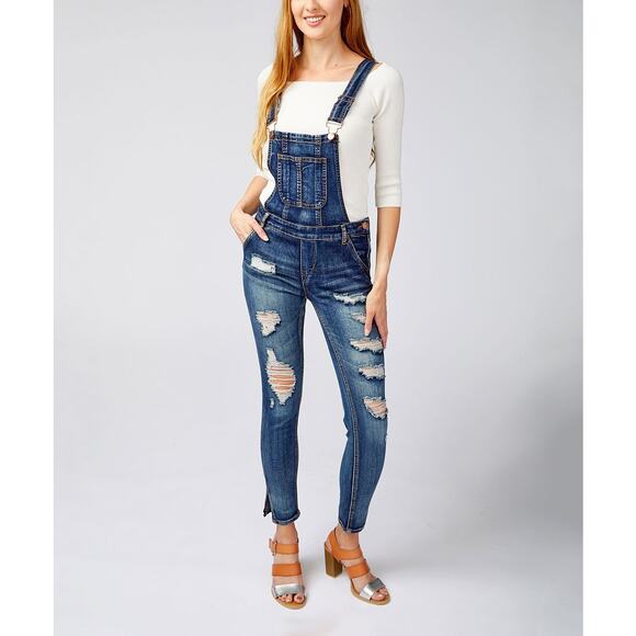 EUC Dollhouse Blizzard Blue Distressed Denim Overalls - Size 7 - Picture 1 of 11